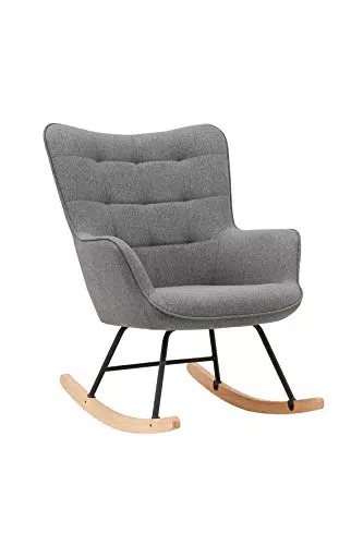 Schaukelstuhl Richie - Schwarzes Metallgestell, Buchenkufen, blauer Webstoff - 72 x 92 x 92 cm