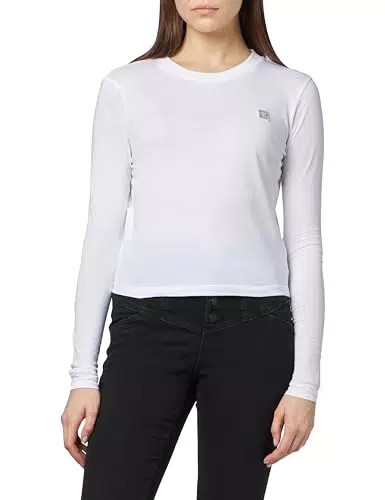 Calvin Klein Damen Langarmshirt mit Logo-Stickerei, Rundhalsausschnitt