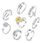 CASSIECA Damen Silber Zirkonia Spinner Ring mit Blumen Stern Mond Perlenband