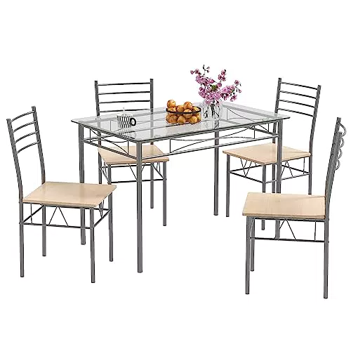 COSTWAY Esstisch Set aus Glas mit 4 Stühlen für Küche und Esszimmer