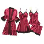 Amazon Seide Pyjama Set für Frauen - Sexy Spitze Trim Cami Top Shorts Mini Kleid Robe Set