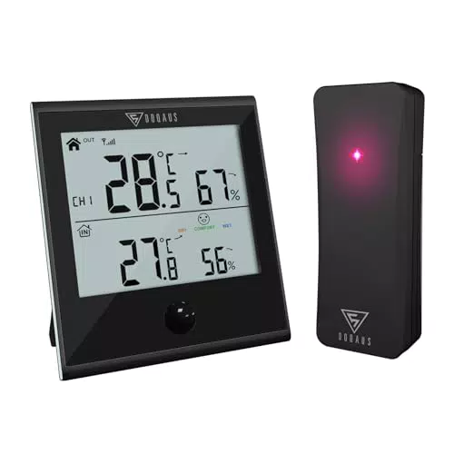 DOQAUS Digitales Thermometer mit Außensensor und Hygrometer - Großes LCD Display - Für Büro, Haus, Gewächshaus