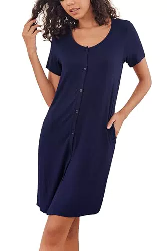 Ekouaer Damen Nachthemd V-Ausschnitt Kurzarm mit Knopfleiste Loungewear