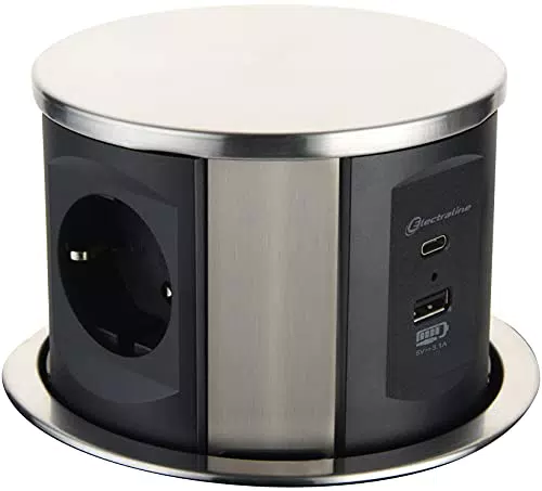 Electraline Versenkbare Tischsteckdosenleiste mit 3-fach Steckdose und 2 USB-Anschlüssen - Einbausteckdose für Arbeitsplatte, D 120mm