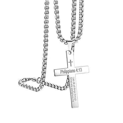 Herrenkette mit Jesus Kreuz Anhänger aus Edelstahl - Bibel Halskette