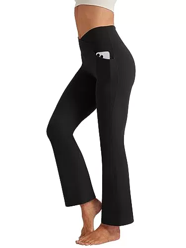 Yogahose Damen Bootcut Fitness Sporthose V-Form High Waist mit Taschen - Schwarz