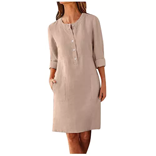 Damen Sommerkleid aus Leinen mit Langarm und Taschen - Elegantes und lässiges Freizeitkleid