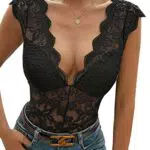 GORGLITTER Damen Bodysuit mit Spitze und tiefem V-Ausschnitt
