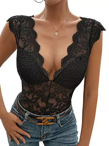 "GORGLITTER Damen Bodysuit mit Spitze und tiefem V-Ausschnitt"