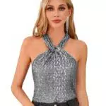 Grace Karin Damen Elegantes Pailletten Neckholder Top - Silbergrau