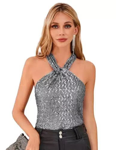 Grace Karin Damen Elegantes Pailletten Neckholder Top - Silbergrau