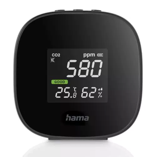 Hama Luftqualitätsmessgerät Safe - Raumluft Messgerät für Luftqualität, Luftfeuchtigkeit, CO2, Kohlendioxid, Thermometer - Schwarz