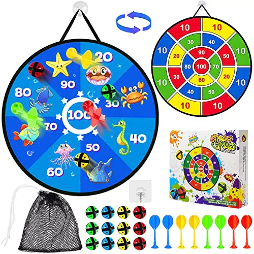 "HUYIWEI Dartscheibe für Kinder | Doppelseitige Klett Dartscheibe 66cm | Inkl. 12 Bällen, 8 Pfeilen | Outdoor-Spielzeug für Kinder 3-12 Jahre"