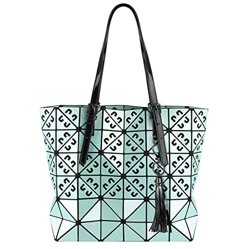 Damen Handtasche Shopper mit geometrischem Irrlichtmuster - Schultertasche mit Quasten