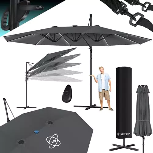 KESSER® Doppelsonnenschirm mit LED und Kurbel - 360° drehbar und neigbar