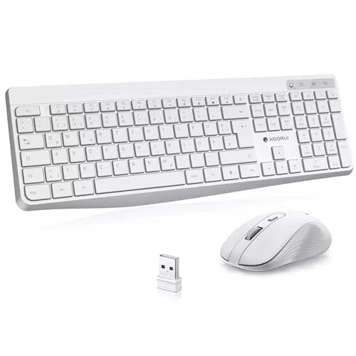 Koorui Kabellose Tastatur und Maus Set mit 12 Funktionstasten - Deutsches Layout - 2.4 GHz für Windows, MacOS, Linux - Weiß