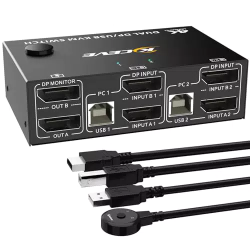 KVM Switch DisplayPort für 2 PCs und 2 Monitore - 4K@144Hz, USB-Geräte teilen - Netzteil und USB-Kabel inklusive