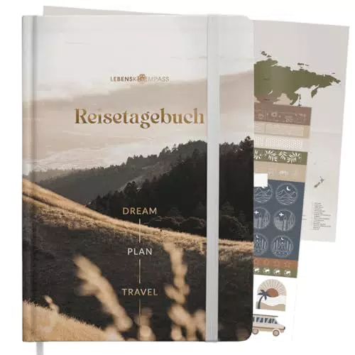 LEBENSKOMPASS® Reisetagebuch mit Sticker-Set und Weltkarten-Poster zum Ausfüllen