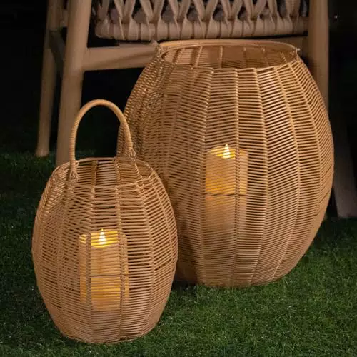 Laterne aus Rattan mit LED Flammenlose Kerzen für Innen und Außen