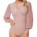 Litherday Damen Bodysuit Langarm mit V-Ausschnitt und Laternenärmeln