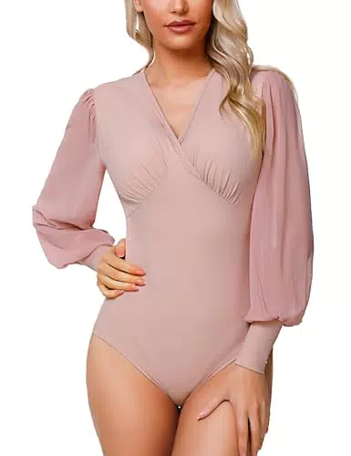 Litherday Damen Bodysuit Langarm mit V-Ausschnitt und Laternenärmeln