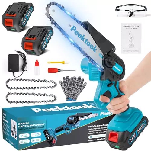 Mini Kettensäge mit Akku von Peektook - 6 Zoll Handkettensäge für Gartenscheren und Holzschneiden - 2 Akkus und 2 Ketten inklusive