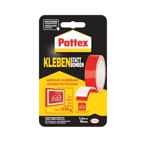 Pattex Doppelseitiges Klebeband – Extra stark für Montagearbeiten innen & außen