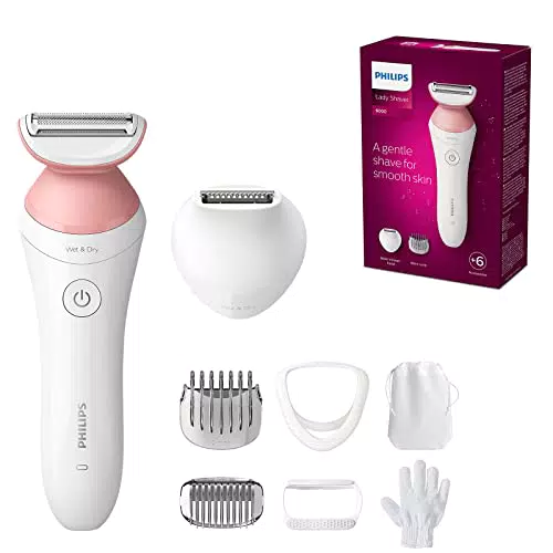 Philips Lady Shaver Series 6000 - Kabelloser Rasierer für Damen mit 6 Zubehörteilen und Trimmer für die Bikinizone
