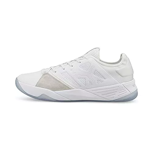 PUMA Unisex Accelerate Turbo Nitro Hallenturnschuh, White-Mykonos Blue-Yellow Alert-Neon Citrus