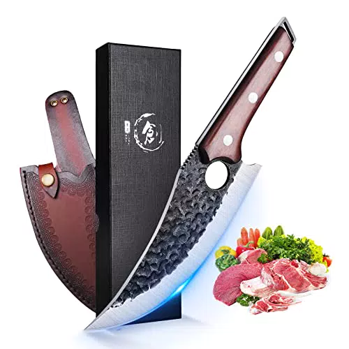 Handgeschmiedetes Ausbeinmesser von SMITH CHU mit Lederscheide - Profi Kochmesser für Küche, Camping & BBQ