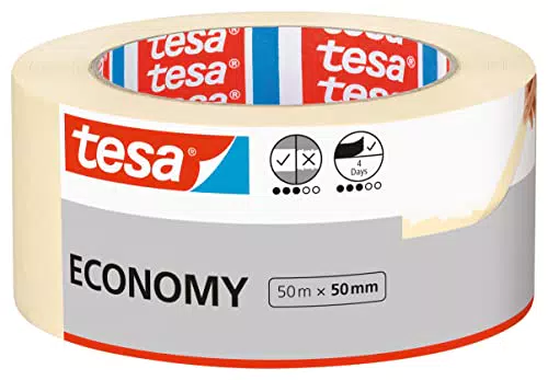 tesa Malerband ECONOMY - Vielseitiges Klebeband für Malerarbeiten ohne Lösungsmittel - Bis zu 4 Tage nach Gebrauch rückstandslos entfernbar