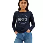TOM TAILOR Denim Damen Sweater mit Logo-Print und Raffarm