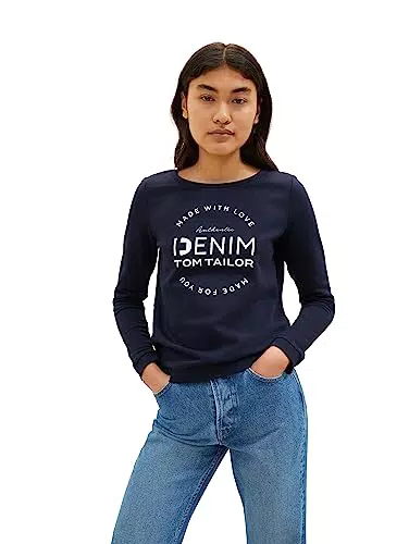 TOM TAILOR Denim Damen Sweater mit Logo-Print und Raffarm