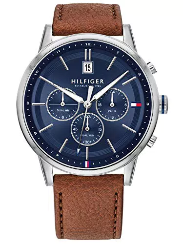 Tommy Hilfiger Herren Quarz Armbanduhr mit Multi-Zifferblatt und Lederarmband
