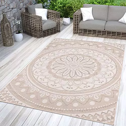 Teppich TT Home In-& Outdoor Orientalisches Marokkanisches Boho Design, Beige Weiß Sand, 60x100 cm.