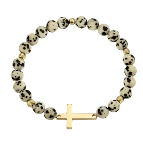 "Kreuz Perlen Armband für Frauen - Naturstein Stretch Armband mit Kreuz Gebet"