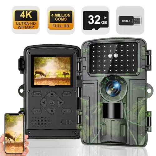 Wildkamera 4K WLAN mit Bewegungssensor und Nachtsicht - Infrarot Wildkamera IP66 Wasserdicht