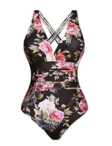Damen Einteiliger Badeanzug V Ausschnitt Push-up Schwarz - Aottori