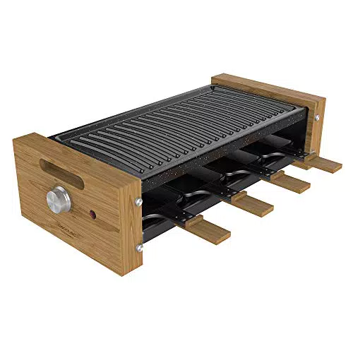 Cecotec Raclette Grill 8200 Holz Schwarz - 8 Einzelpfannen, Antihaftplatte, einstellbarer Thermostat