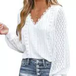 CUPSHE Damen Bluse mit V-Ausschnitt und Spitzenärmeln – Elegantes Hemd