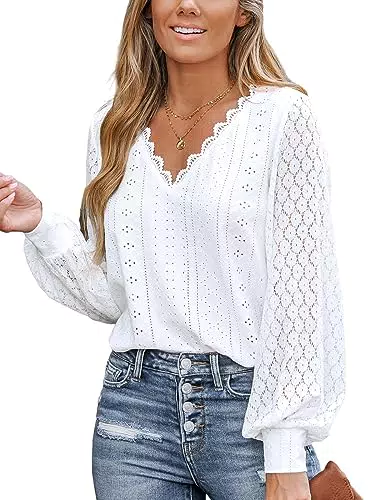 CUPSHE Damen Bluse mit V-Ausschnitt und Spitzenärmeln – Elegantes Hemd