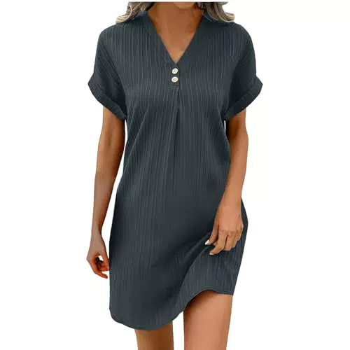 DKLOVIFU Musselin Kleid Damen - Leichtes Kurzarm Sommerkleid A-Linie Boho