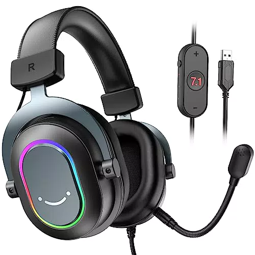 FIFINE Gaming Headset mit Mikrofon, Over Ear, USB für PC, PS4, PS5, RGB, Surround Sound