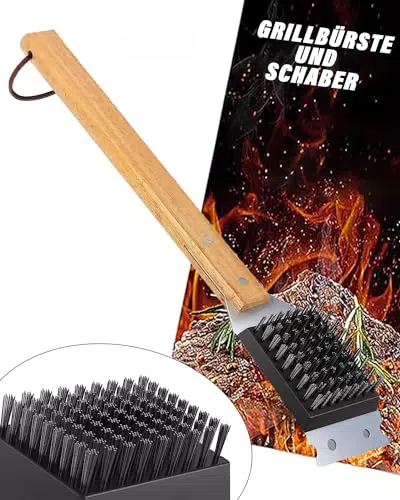Grillbürste und Schaber 3in1 – BBQ Grill Reinigungsbürste mit Holzgriff 38 cm
