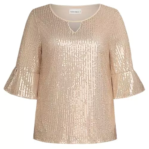 Hanna Nikole Damen Glitzer Bluse mit V-Ausschnitt und 3/4 Arm