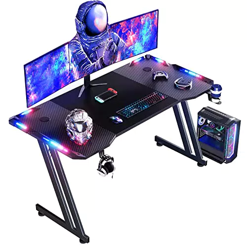 HLONONE Gaming Tisch mit LED und Kohlefaseroberfläche, stabiler Computertisch
