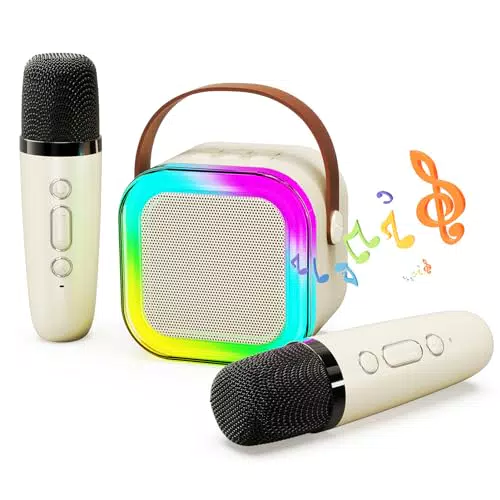 HassoKon Karaoke Maschine für Kinder mit 2 Drahtlosen Mikrofonen und LED-Lichtern