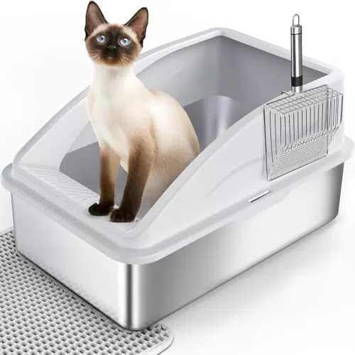 Katzentoilette XXL Edelstahl – Offene Katzenklo mit Doppelschicht Matte und Schaufel