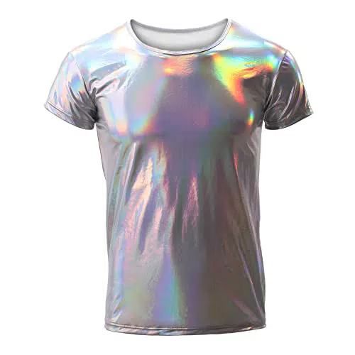 Metallic T Shirt Herren Glitzer Kurzarm Oberteil Roundhals Muskelshirt Wetlook Unterhemd Slim Fit 70er 80er Jahre Kost?m Disco Hemd Party Outfit Fasching Karneval Kleidung Tanz Clubwear Silber