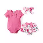 PATPAT Baby Mädchen Strampler mit Rüschenärmeln und Blumen-Shorts Set